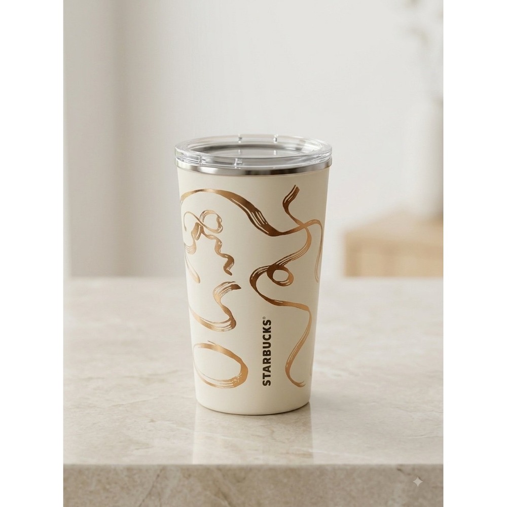 Official 2025 Starbucks Holiday White & Gold Ribbon Tumbler 12oz with Lid